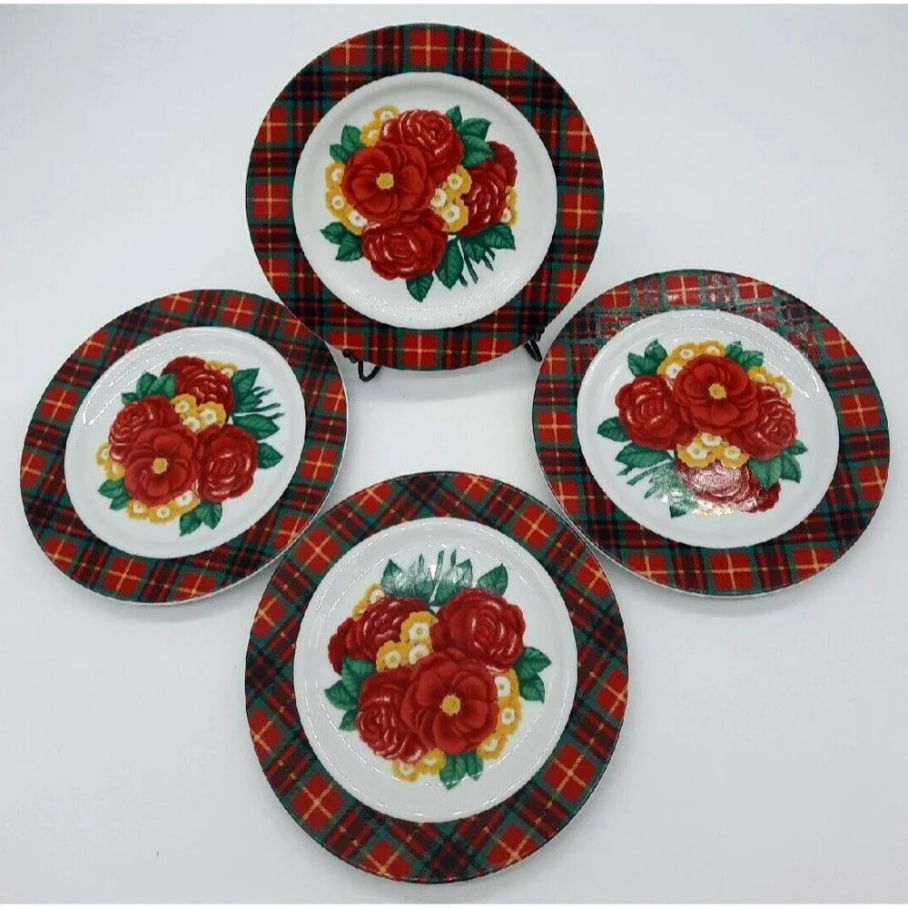 Vintage Holly Holderman Set Of 4 Red & Green Tartan Plaid Floral 8